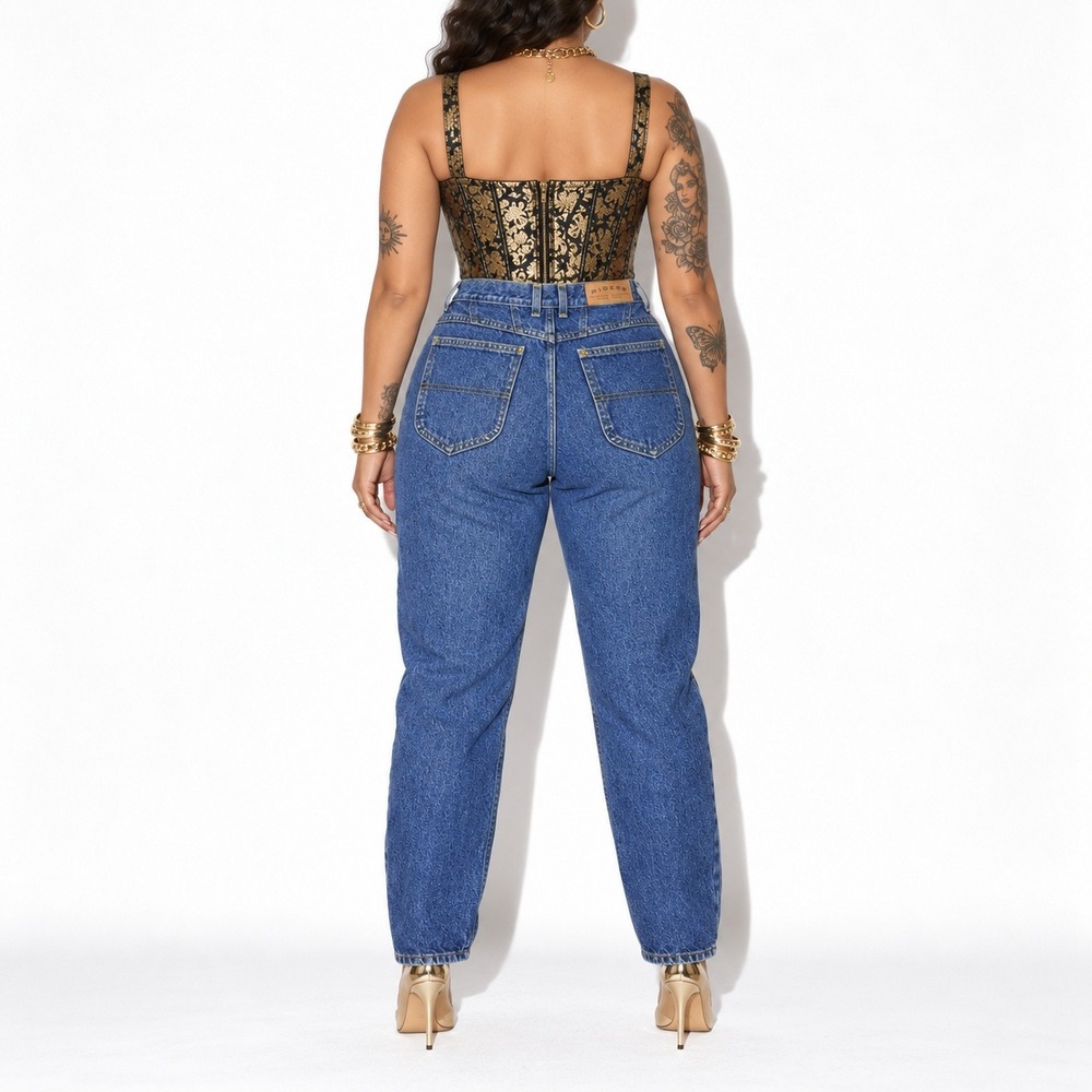 90s Vintage Dark Stone Wash Tapered Jeans Women 12 Blue High Rise Riders - Picture 2 of 8
